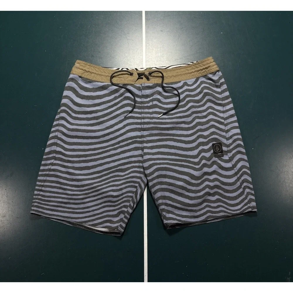 Volcom Stoneys Board Shorts Men's 36 Black Blue Striped Swim Trunks Surf Y2K